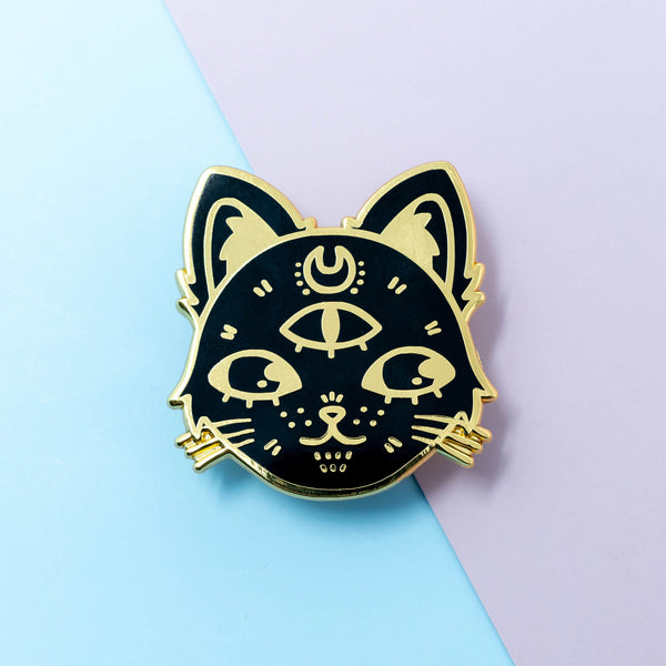 Black Cosmic Witch Cat Enamel Pin with Crescent Moon and Third Eye Chakra Design