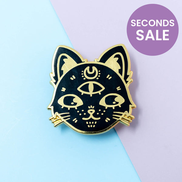 Black Cosmic Witch Cat Enamel Pin with Crescent Moon and Third Eye Chakra Design, Seconds Sale