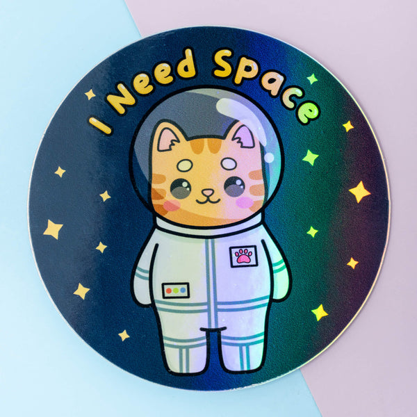 I Need Space Astronaut Cat Holographic Vinyl Stickers