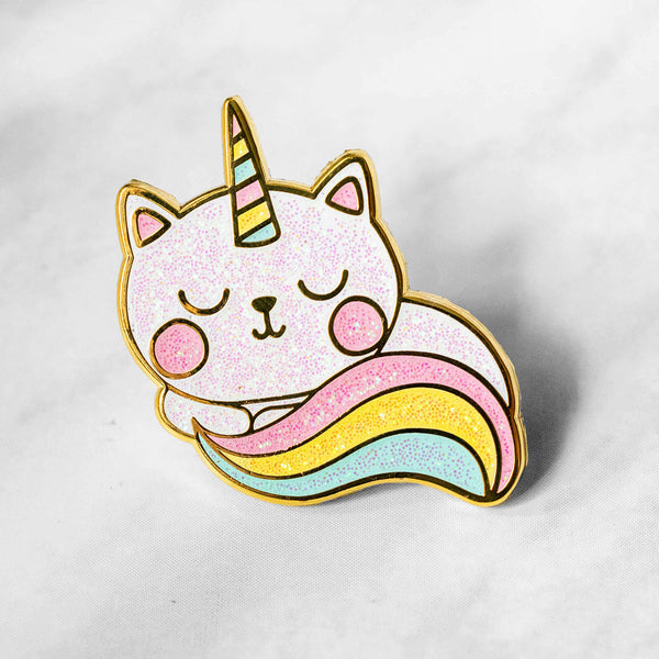 Caticorn Sleepy Kitty Kawaii Enamel Pin with Glitter